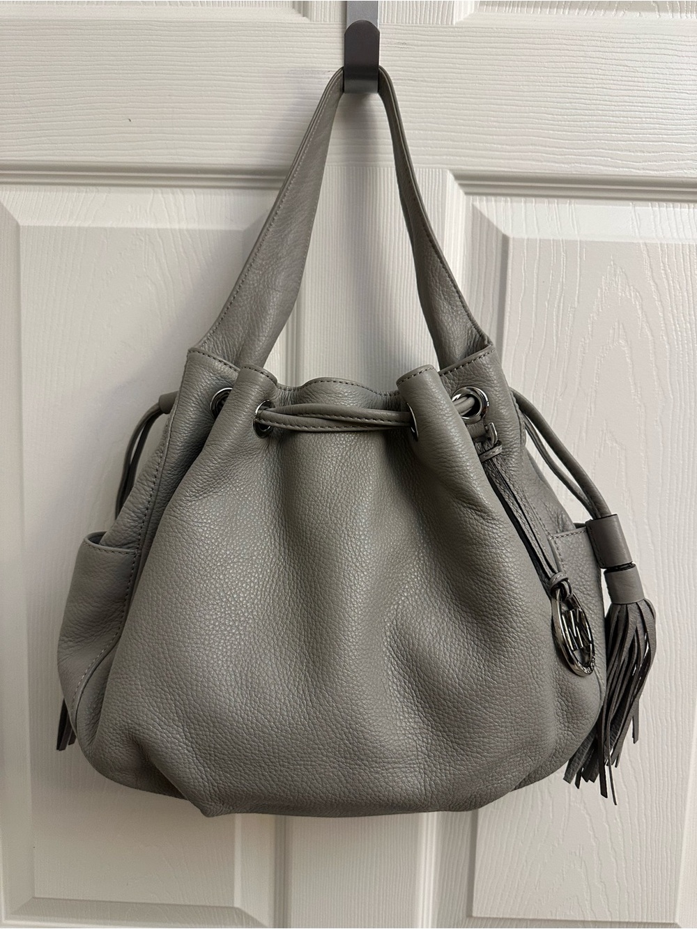 Michael Kors Gray Pebbled Leather Drawstring Hobo with Tassel